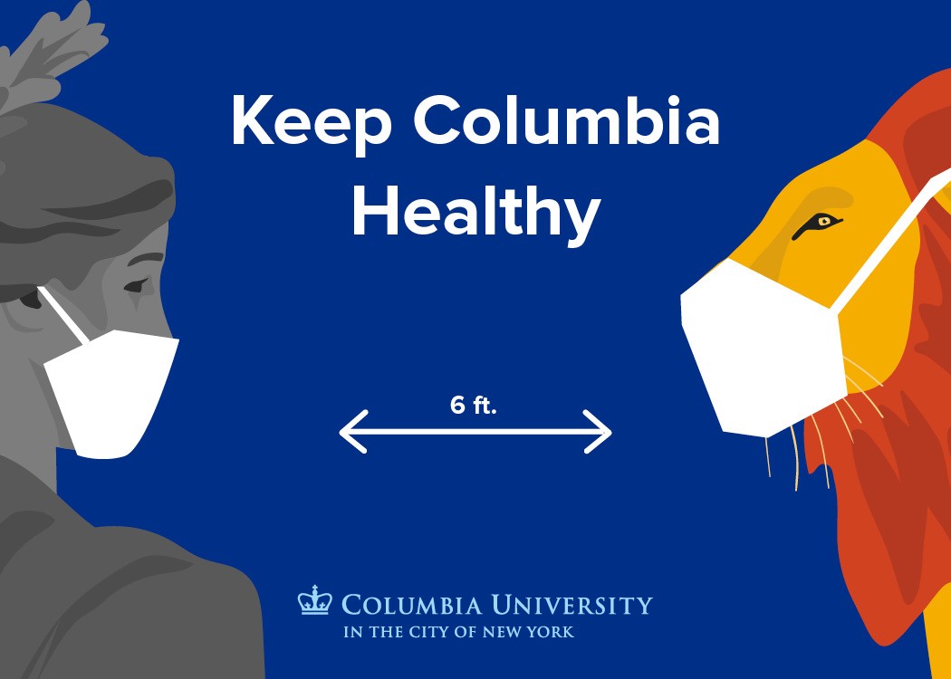 "Keep Columbia Healthy" postcard with images of Alma Mater and Roaree the Lion wearing face coverings and standing six feet apart