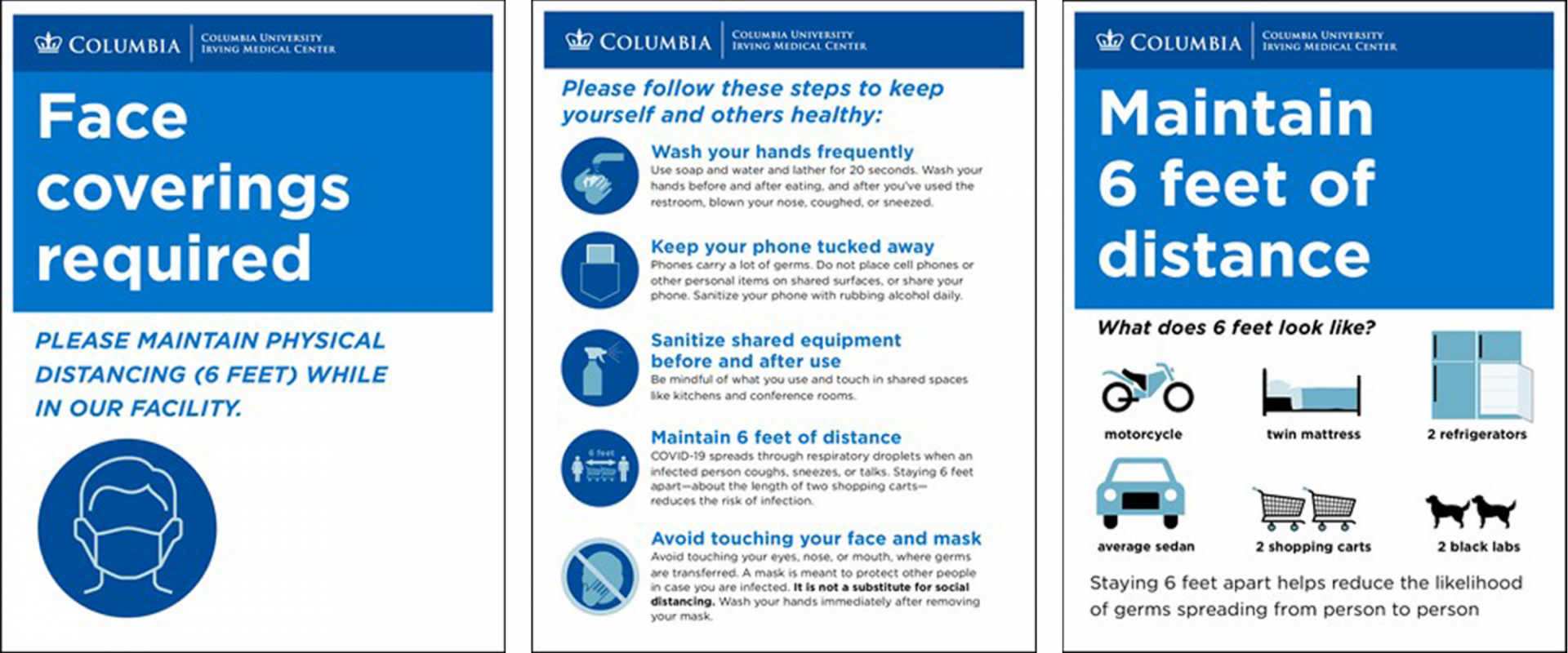 examples of signage for CUIMC regarding wearing face coverings and maintaining six feet of distance