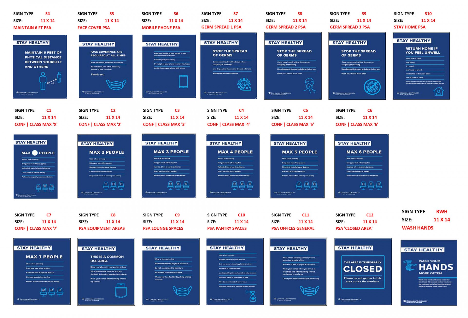 examples of print signage for Morningside Campus regarding staying safe and healthy during the COVID-19 pandemic