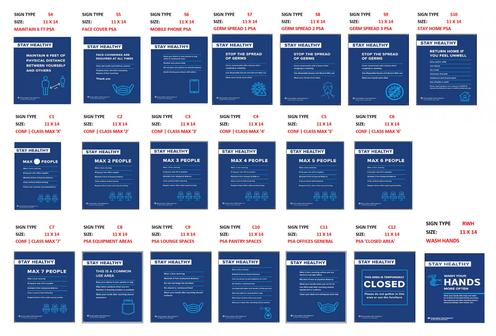 examples of print signage for Morningside Campus regarding staying safe and healthy during the COVID-19 pandemic
